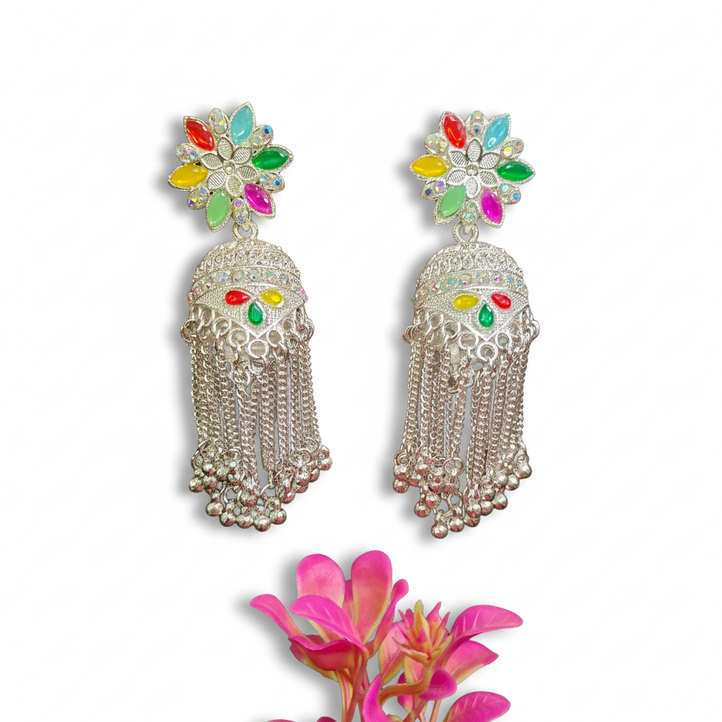 Multicolor Drop Silver Jhumka