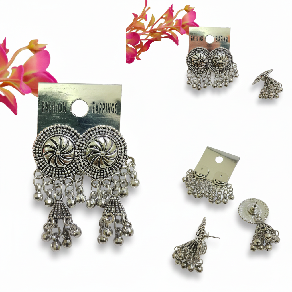 Round Shape Oxidised Hook Drop Jhumka