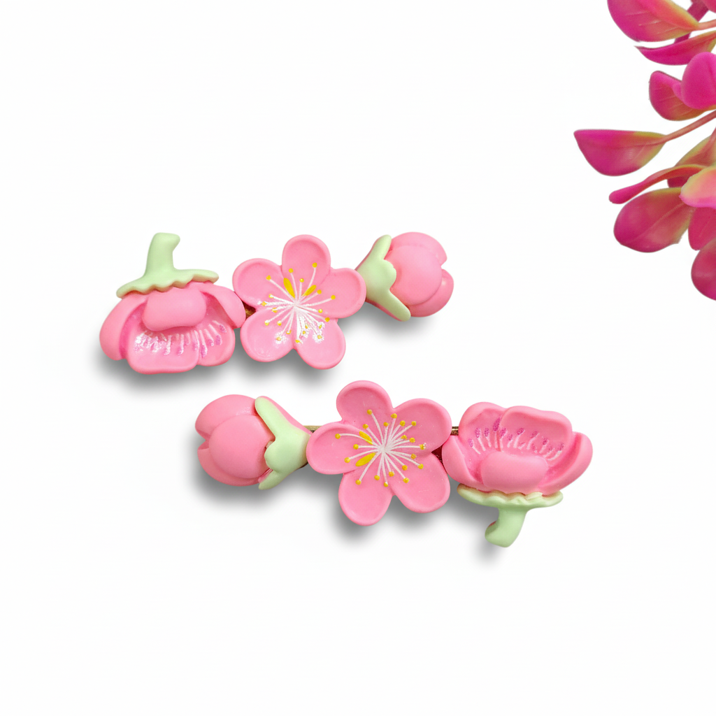 Korean Pink Flower Clip 1 Pair