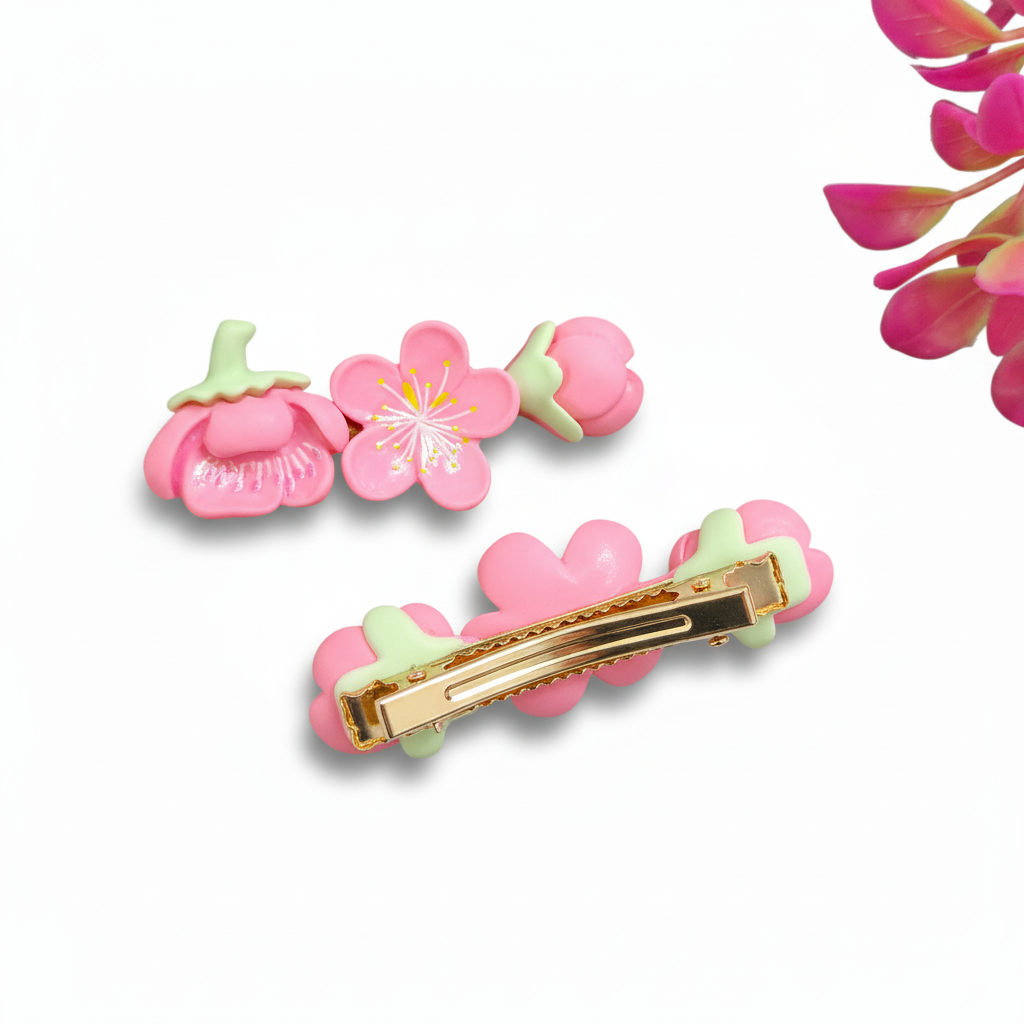 Korean Pink Flower Clip 1 Pair