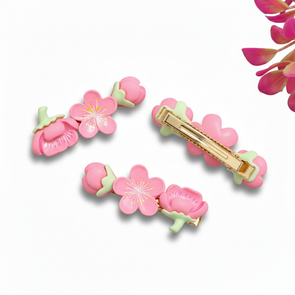 Korean Pink Flower Clip 1 Pair