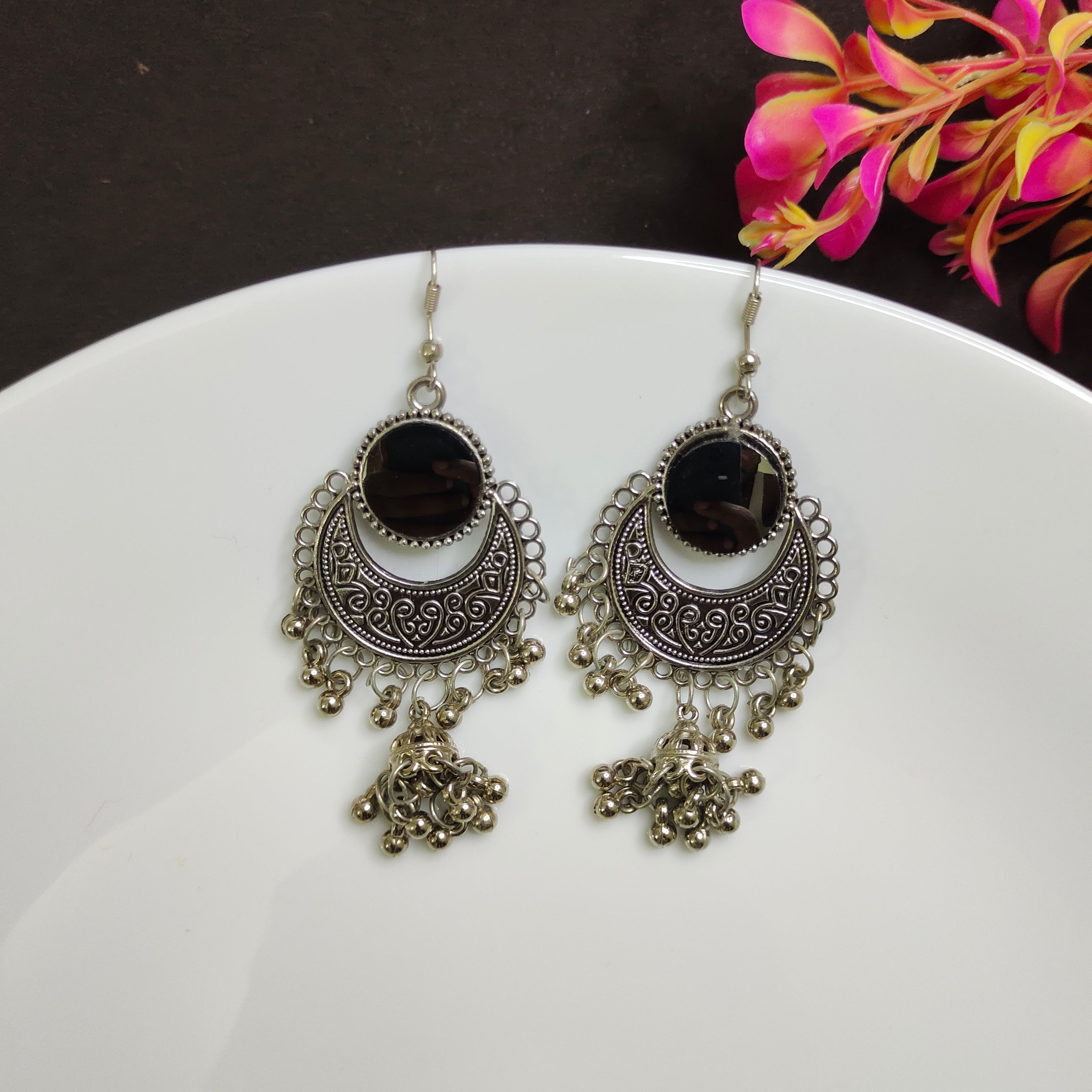 Shiny Black Hook Drop Oxidised Jhumka